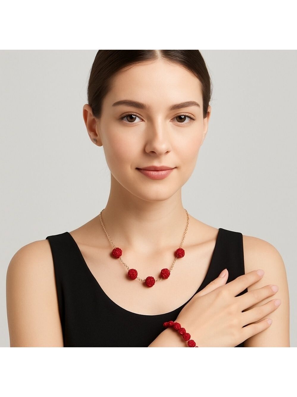 Handmade Red Beaded Choker & Elastic Bracelet Set Coquette Boho Jewelry 2-pc Set